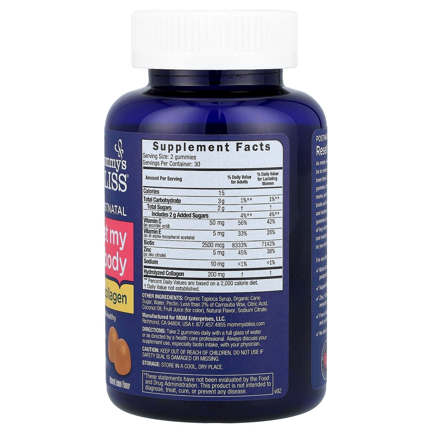 Mommy's BlissPostnatal, Reset My Body With Biotin & Collagen, Natural Lemon, 60 Gummies