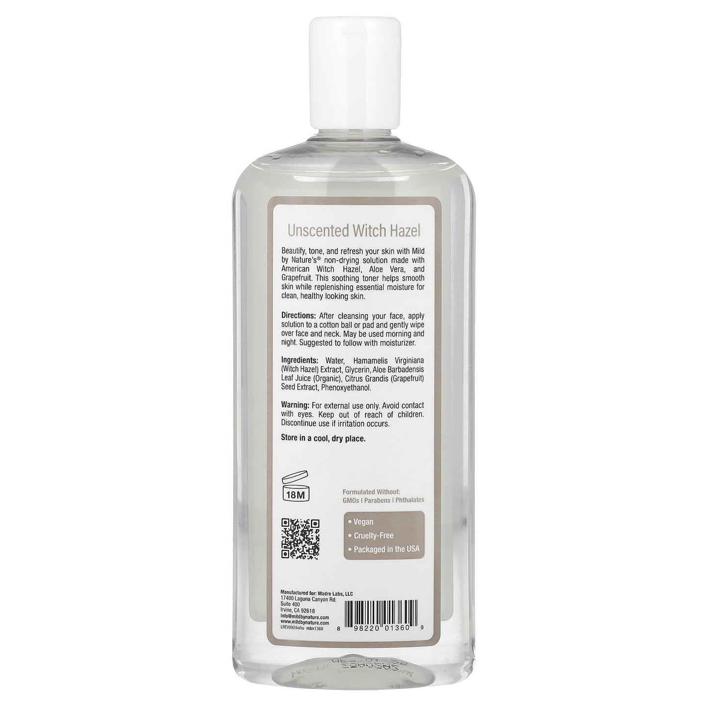 Mild By Nature Witch Hazel, Alcohol-Free, Unscented,  (355 ml)