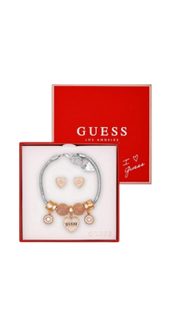 Guess mixed tone heart charm bracelet and earrings box set