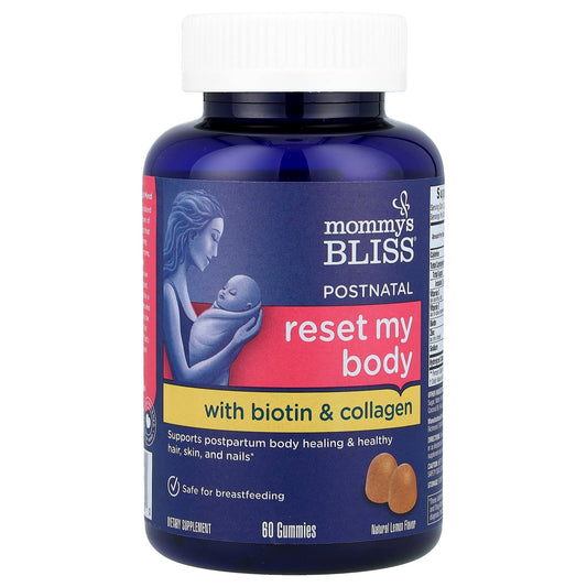 Mommy's BlissPostnatal, Reset My Body With Biotin & Collagen, Natural Lemon, 60 Gummies